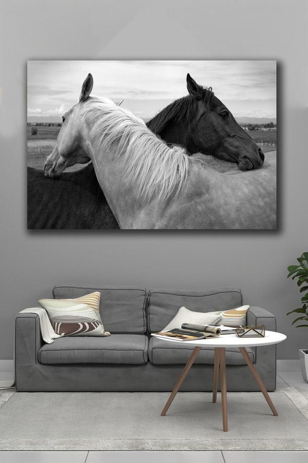 Morfil Sanat Atölyesi 100 x 140 Siyah Ve Beyaz Atlar Kanvas Tablo - Image 1