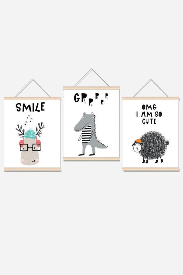 Morfil Sanat Atölyesi Sevimli Hayvanlar Ip Askılı Çocuk Odası Kanvas Poster Tablo Duvar Dekoru 3'Lü Set - Image 1