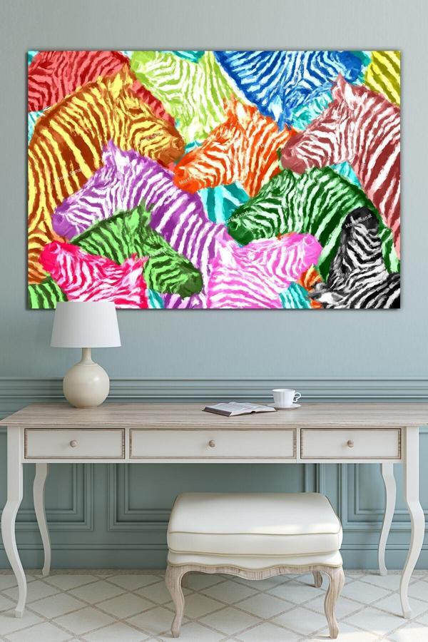 Morfil Sanat Atölyesi Renkli Zebralar Sanatsal Kanvas Tablo - Image 1