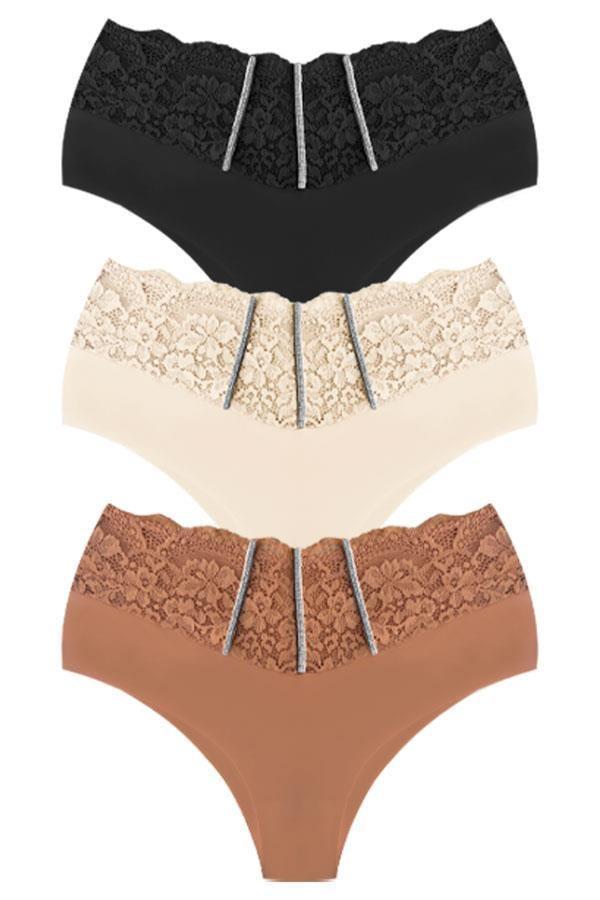 Dantel ve Taş Detaylı Lazer Kesim Büyük Beden Kadın Bikini Külot 3'lü Paket - Image 1