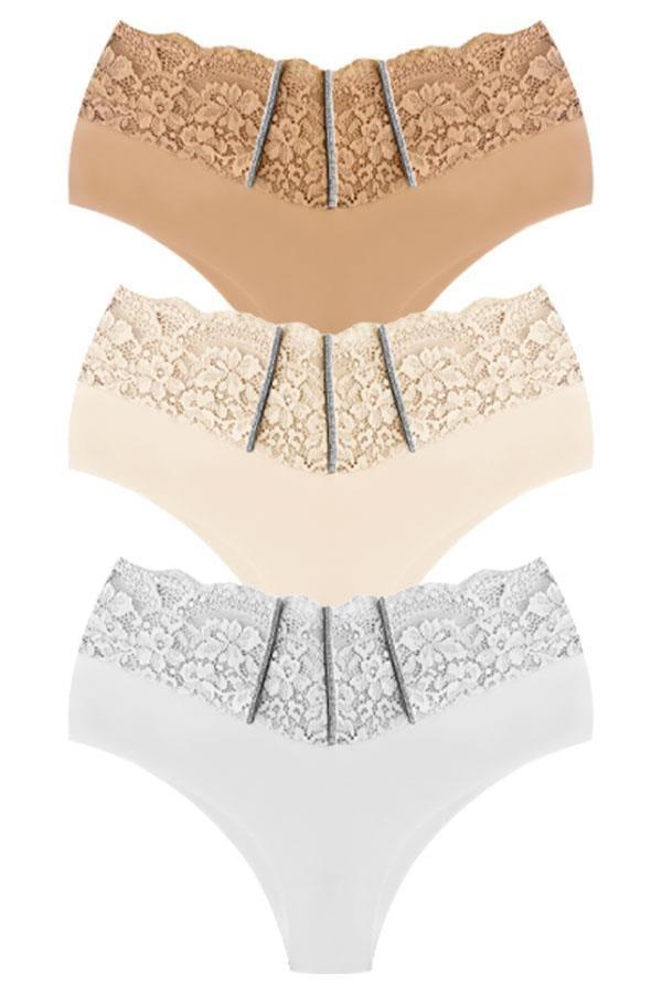 Dantel ve Taş Detaylı Lazer Kesim Büyük Beden Kadın Bikini Külot 3'lü Paket-2 - Image 1