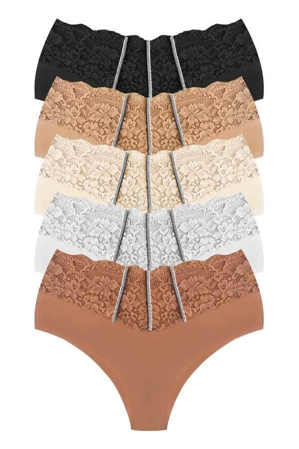 Dantel ve Taş Detaylı Lazer Kesim Büyük Beden Kadın Bikini Külot 5'li Paket - Image 1