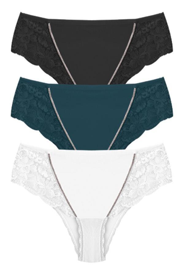 Transparan Tüllü Dantel Detaylı Büyük Beden Kadın Bikini Külot 3'lü Paket-2 - Image 1