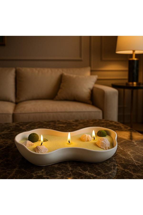 Neydin Home Dekoratif 3 Fitilli Deniz Temalı Kase İnci Kumu Mum - Image 1