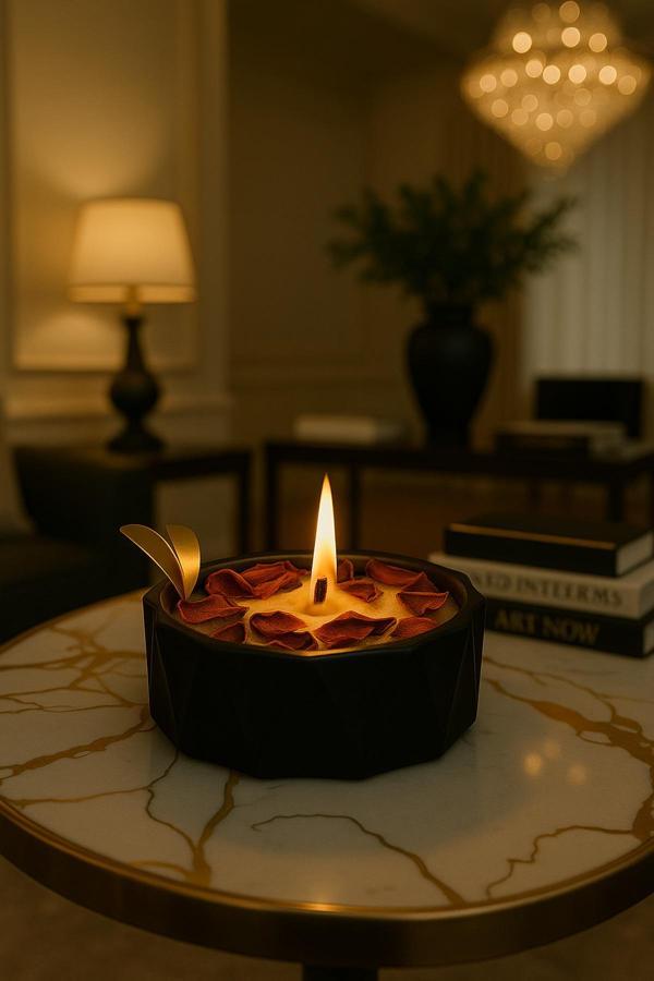 Neydin Home Dekoratif Büyük Kase İnci Kumu Mum – Gül Süslemeli El Yapımı - Image 1