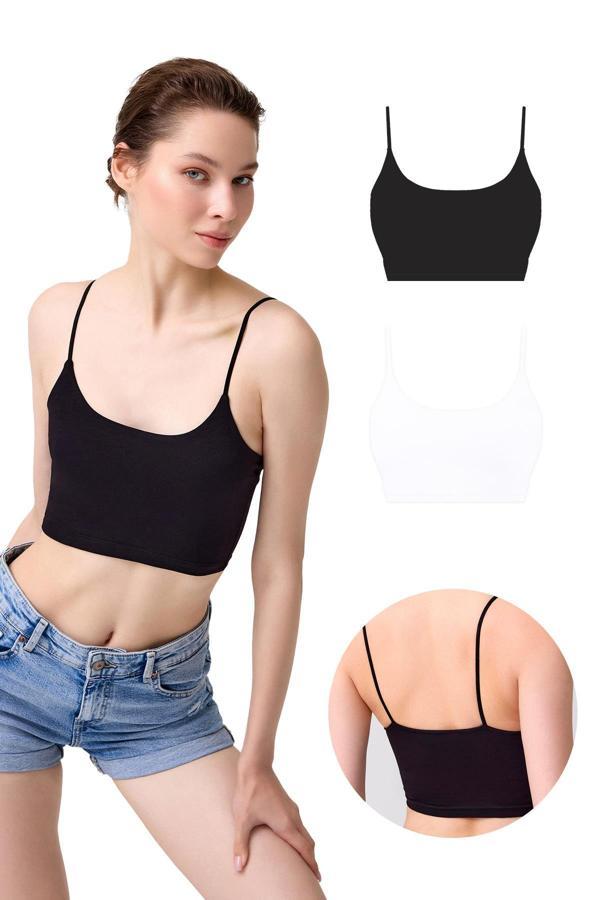 Pamuklu İnce Askılı Kadın Crop Top Büstiyer 2'li Paket - Image 1