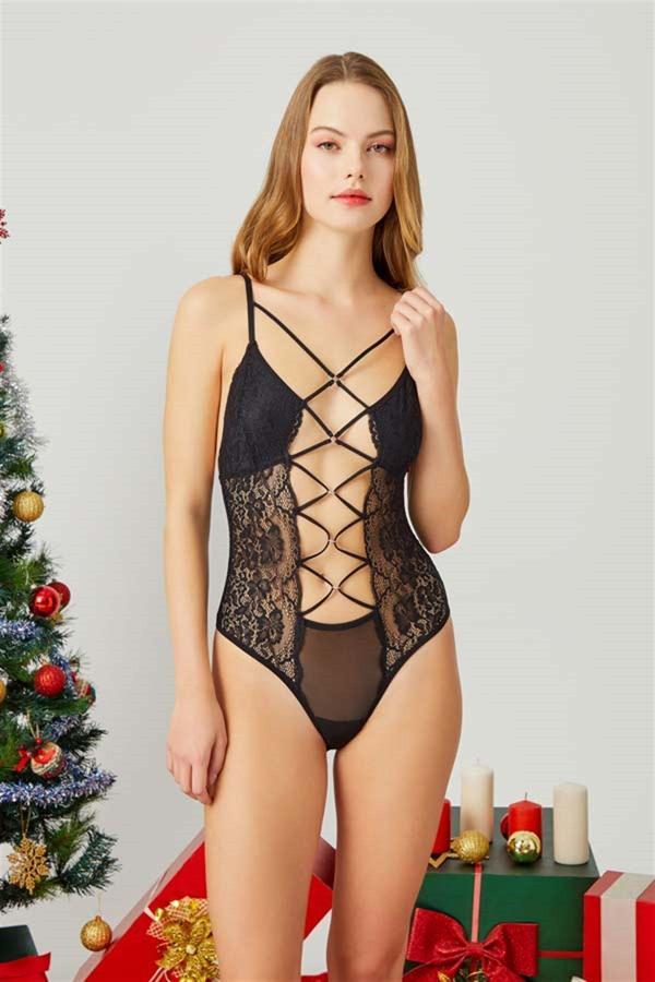 Siyah İp Detaylı Ayarlanabilir Lastikli Dantelli Kadın Bodysuit - Image 1
