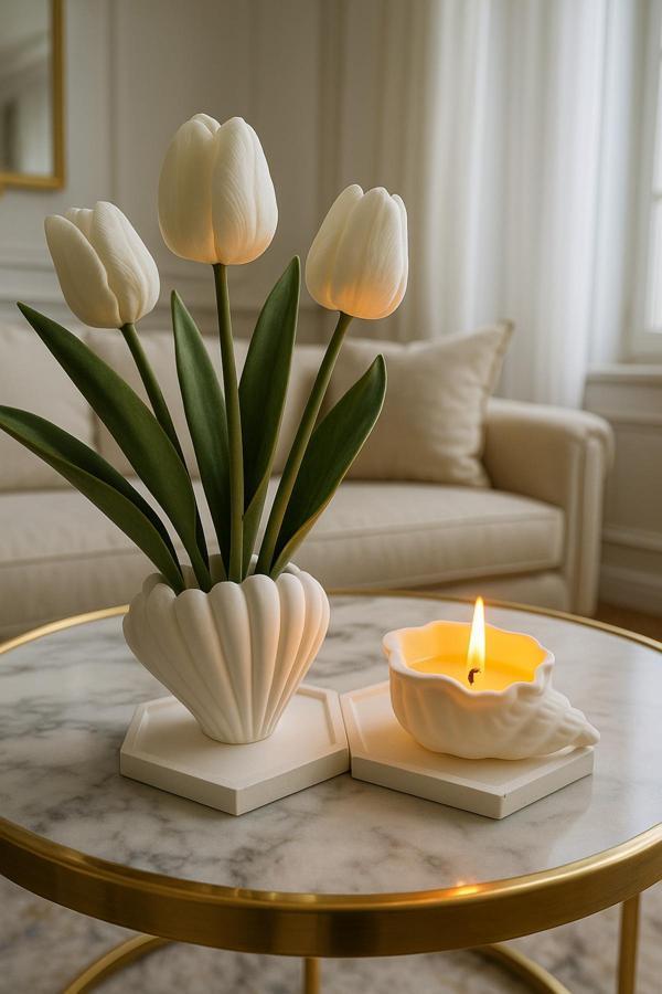 Neydin Home Dekoratif Vazo & Okyanus Kokulu Mum & Sunumluk İstiridye Set - Hediyelik (ÇİÇEKLER DAHİL DEĞİLDİR.) - Image 1