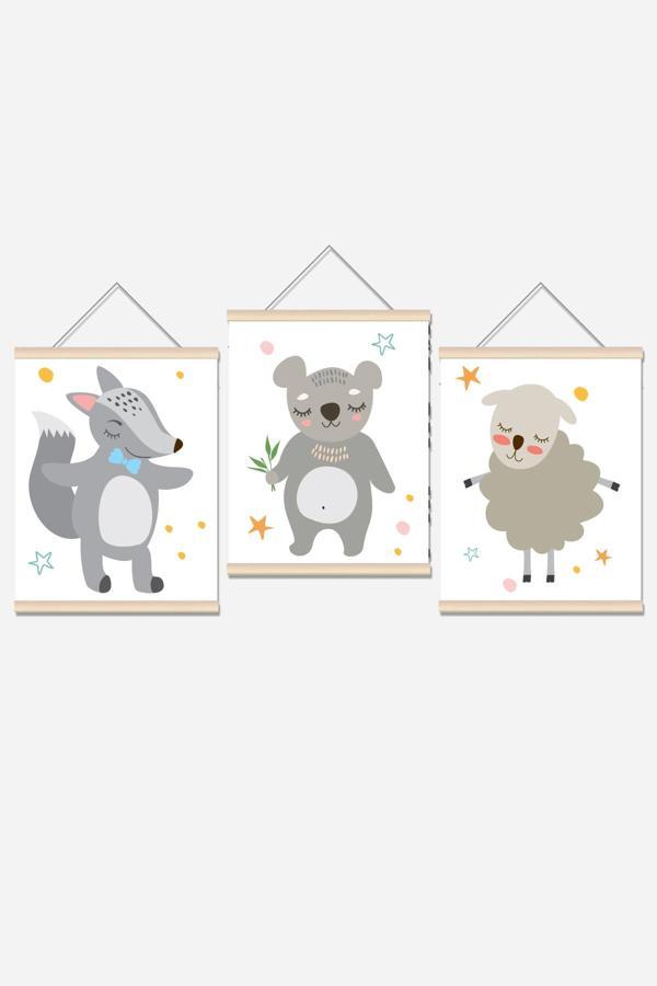 Morfil Sanat Atölyesi Sevimli Hayvanlar İp Askılı Çocuk Odası Kanvas Poster Tablo Duvar Dekoru - Image 1