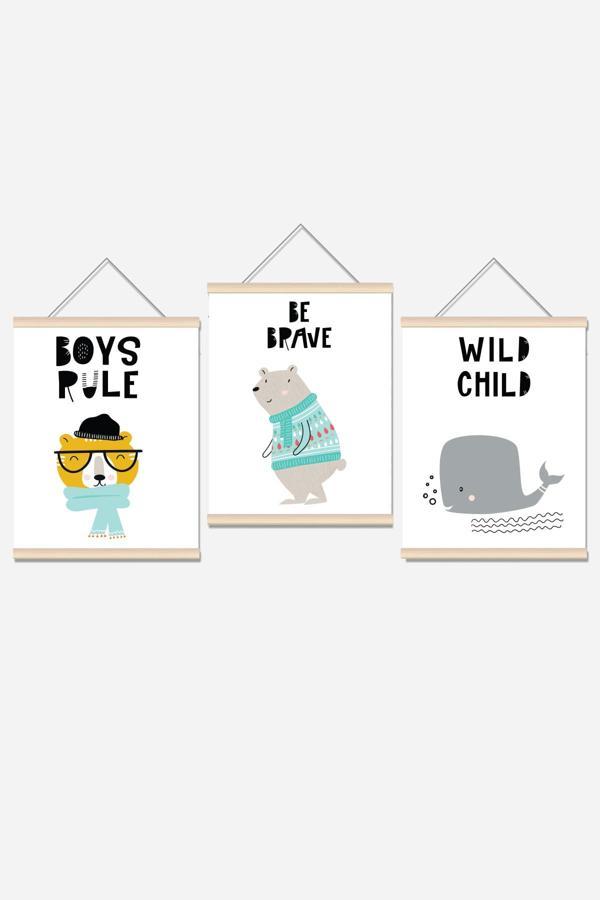 Morfil Sanat Atölyesi Kopya - Sevimli Hayvanlar Ip Askılı Çocuk Odası Kanvas Poster Tablo Duvar Dekoru (3'Lü Set) - Image 1