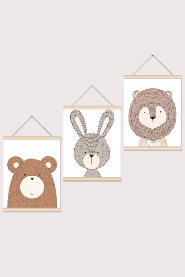 Morfil Sanat Atölyesi Aslan Maymun Ayı Desenli Çocuk Odası İp Askılı Kanvas Poster Tablo Duvar Dekoru - Image 1