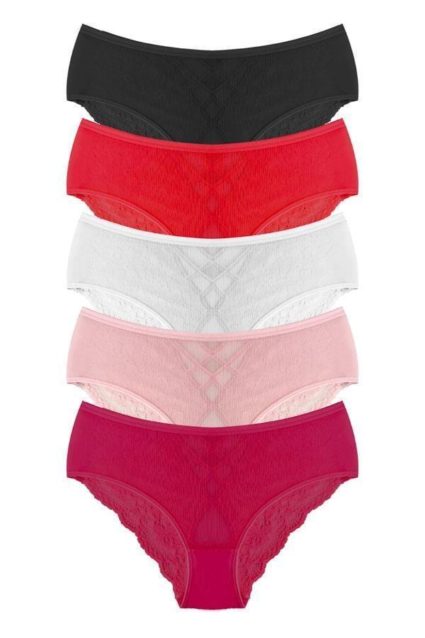 Transparan Tüllü Dantel ve Taş Detaylı Özel Bölgesi Açık Büyük Beden Kadın Tanga Külot 5'li Paket - Image 1