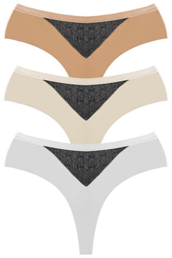 File Detaylı Beli Lastikli Lazer Kesim Büyük Beden Kadın Tanga Külot 3'lü Paket-2 - Image 1