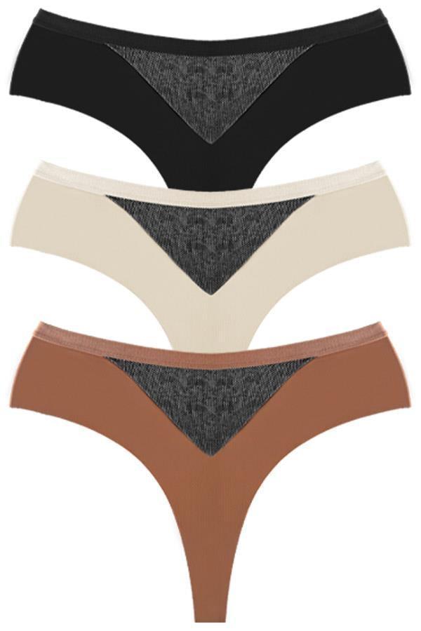 File Detaylı Beli Lastikli Lazer Kesim Büyük Beden Kadın Tanga Külot 3'lü Paket - Image 1