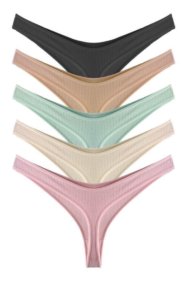 Kadın Pamuklu ve Likrali Fitilli Kaşkorse Tanga Külot 5'li Paket - Image 1