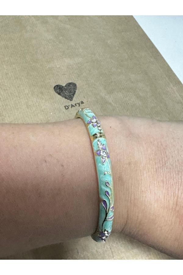 Darya Dd499 Vintage Yeşil Mor Çiçek Desenli Mineli Gold Kelepçe Bileklik - Image 1