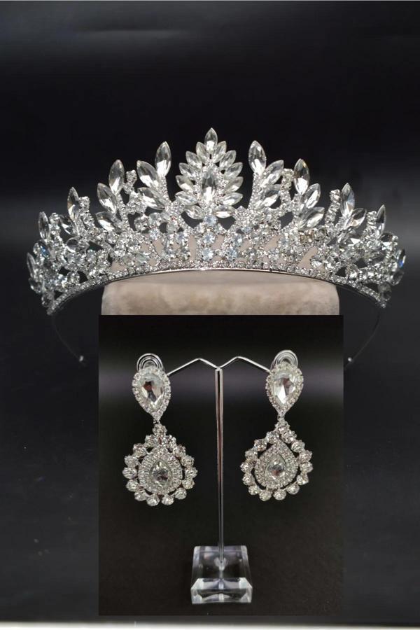 Asensa Kristal Taşlı Şık Ve Zarif Düğün Ve Nişan Gelin Tacı Ve Küpe Seti - Image 1