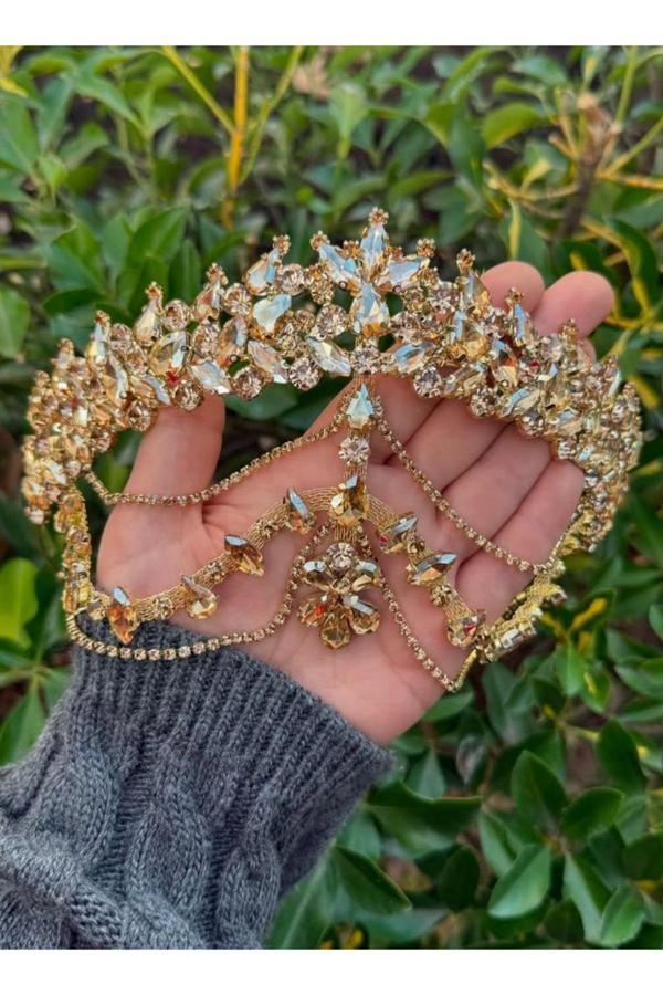 Asensa Gold Gelinler İçin Düğün Ve Kına Kristal Taşlı Hürrem Gelin Tacı - Image 1