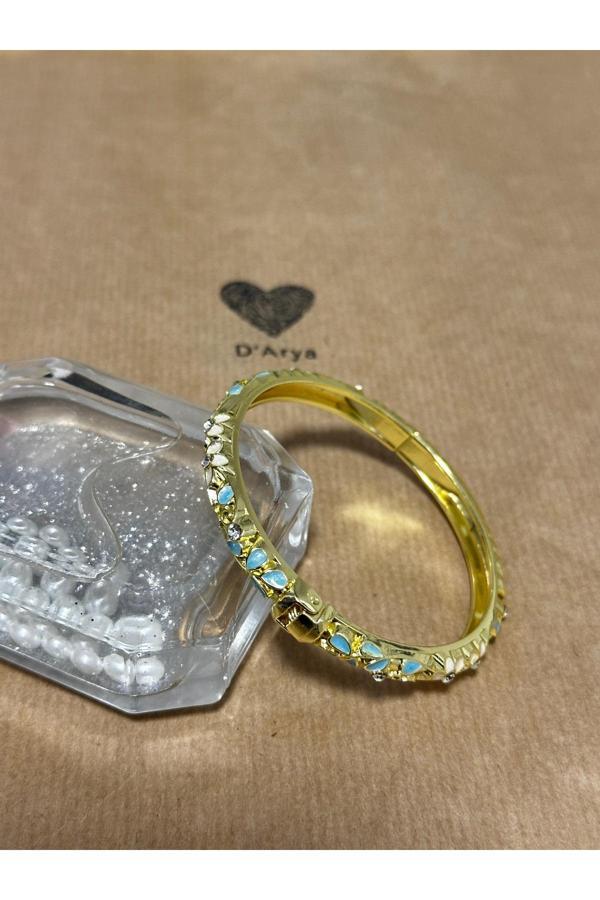 Darya Dd490 Vintage Çiçekli Mineli Desenli Gold Kelepçe Bileklik - Image 1