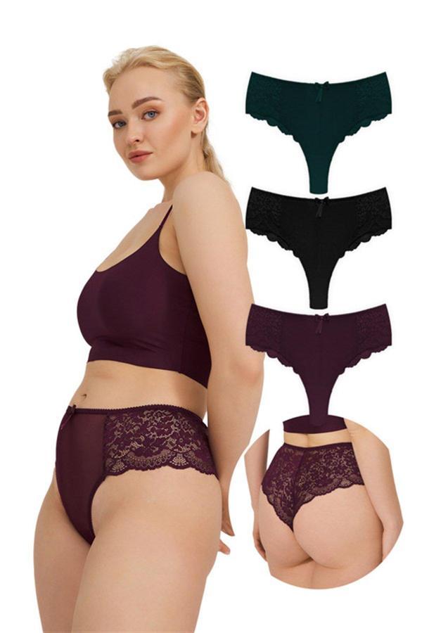Dantelli Tül Detaylı Büyük Beden Kadın Brezilya 3'lü Paket Külot - Image 1