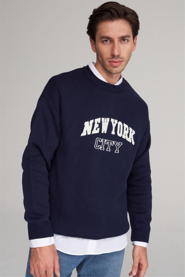 Çetinkaya Mentality 5256 Erkek Bisiklet Yaka Nakışlı 2/35 Akrilik Triko Lacivert - Image 1