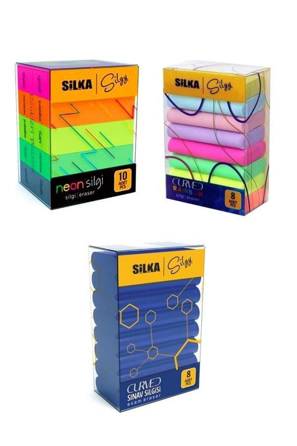Silka 3 Lü Silgi Seti(8 Li Curved Sınav+ 8 Li Curved Rainbow+ 10 Lu Neon Silgi) - Image 1