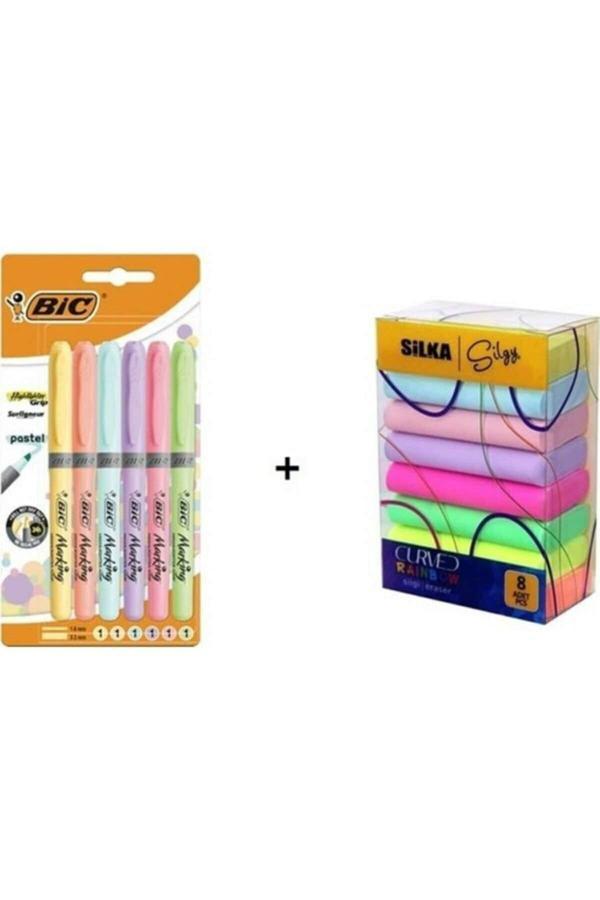 Bic 992561 Fosforlu Kalem Brite Liner Grip Pastel 6'Lı + Silka Curved Rainbow Neon Pastel Silgi 8'Li - Image 1