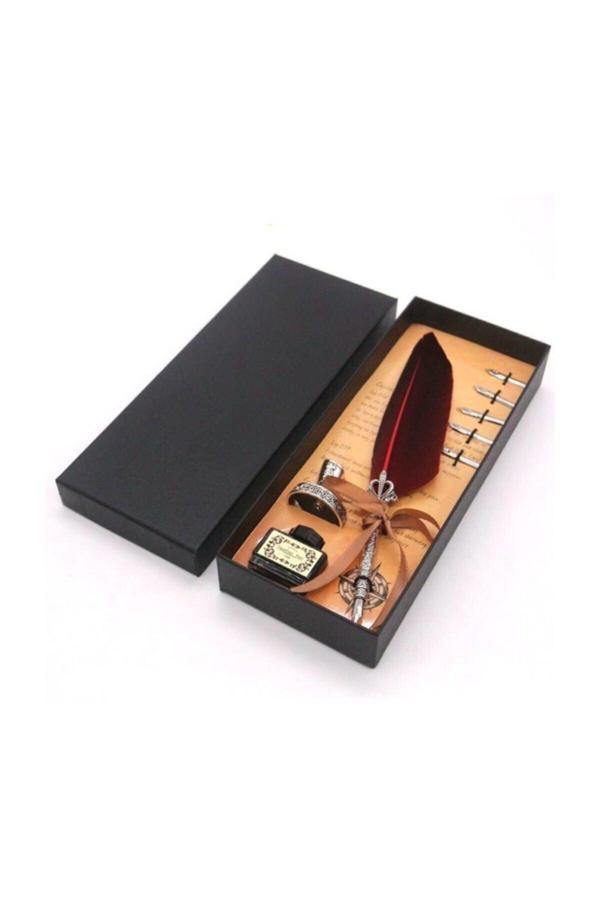 Vision Hediyelik Taçlı Kuş Tüyü Divit Kalem Seti Şarap - Image 1