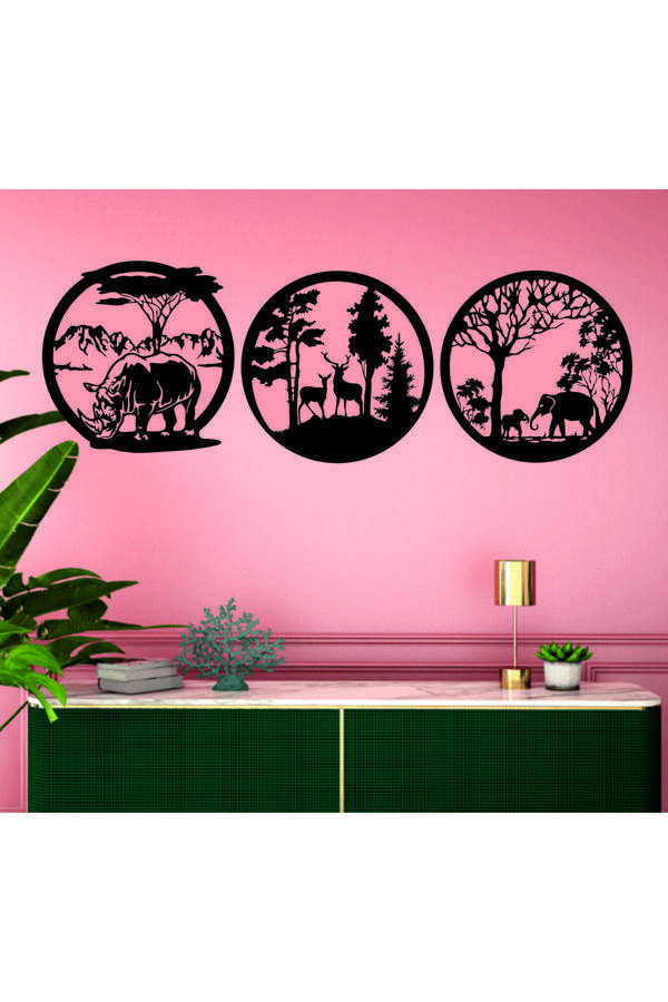 Dekor Treni Afrika Doğal Hayatı Dekoratif 1 Ahşap Tablo Seti 3 Parça - Image 1