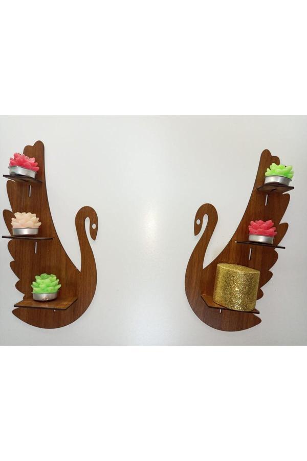 İlk Hediyem 2'Li Ceviz Renkli Kuğu Dekoratif Ahşap Mumluk Seti - Image 1