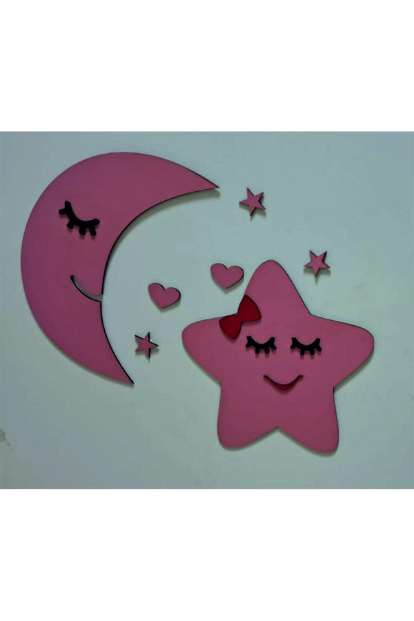 İlk Hediyem Pembe Gülen Ay Ve Gülen  Yıldız Çocuk - Bebek Odası Duvar Dekor Seti - Image 1