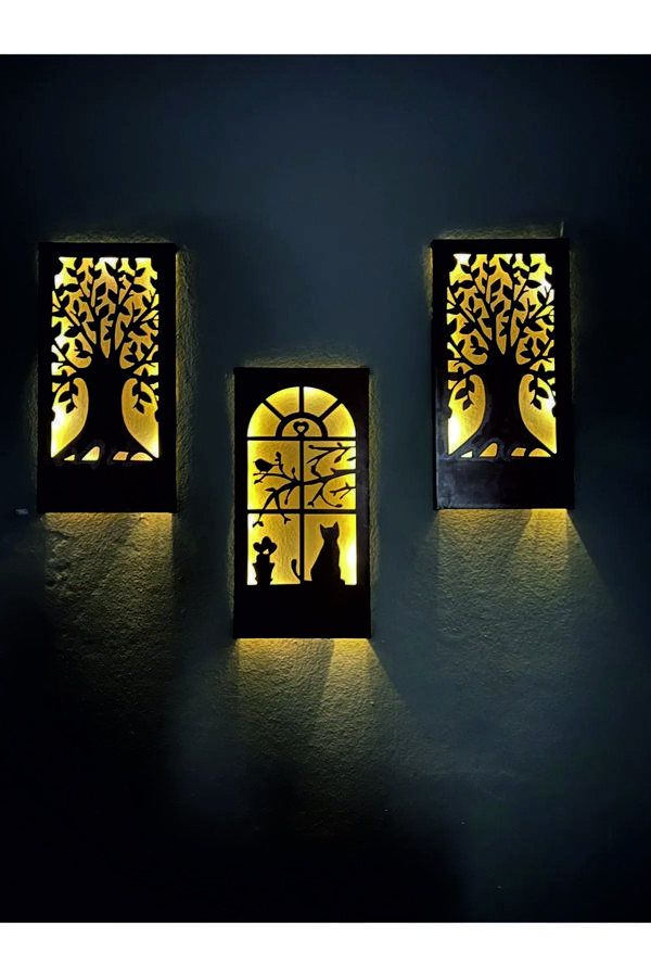 Dekor Treni Peri Ledli Mdf 3 Lü Set Hol Antre Gece Lambası 32X16 Duvar Süsü Ağaç Kedi Kuş - Image 1