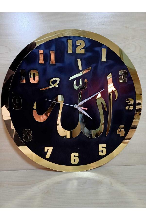 Dekor Treni Yuvarlak Allah Yazılı Gold Pleksili Siyah Ahşap Duvar Saati Klasik Pilli 40 X 40 Tr Siyah Ahşap - Image 1