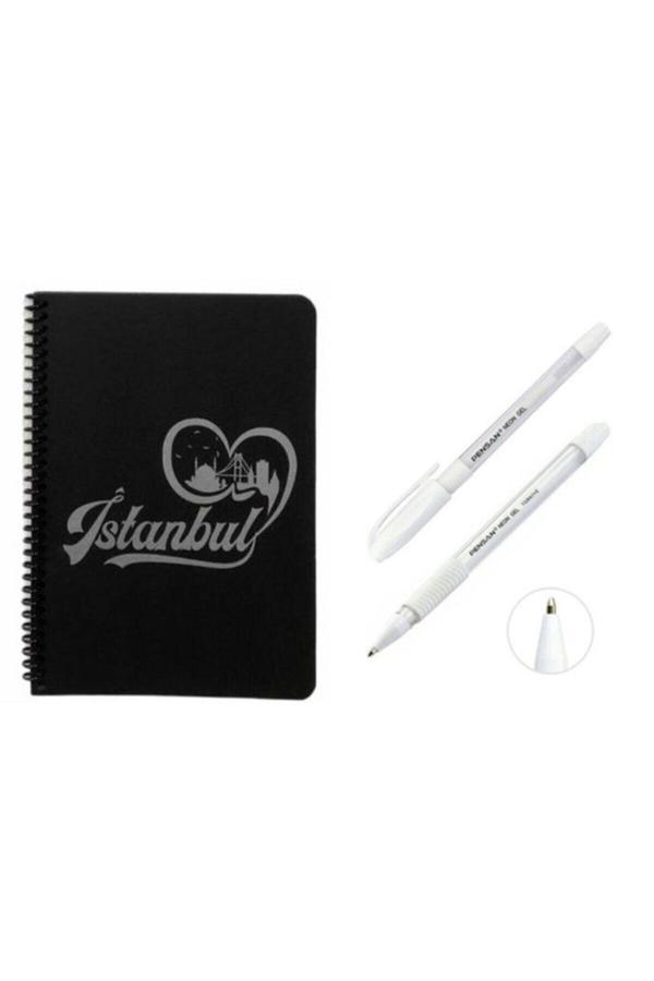 Mekafix Kapak Desenli Siyah Defter Siyah Yapraklı Defter - Siyah Sayfalı Defter Beyaz Jel Kalem - Image 1