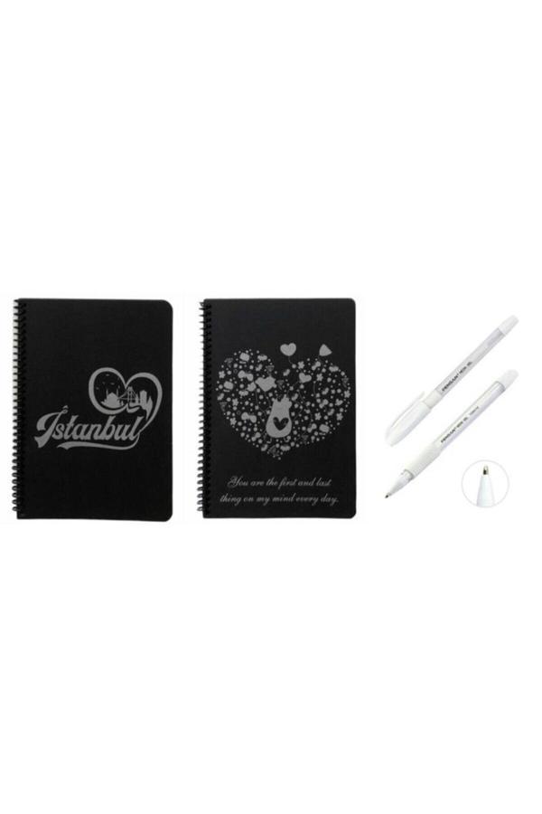 Mekafix 2 Adet Desenli Siyah Defter Siyah Yapraklı Defter - Siyah Sayfalı Defter 2 Adet Beyaz Jel Kalem Side - Image 1