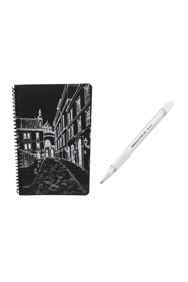 Mekafix Kapak Desenli Siyah Defter Siyah Yapraklı Defter - Siyah Sayfalı Defter Beyaz Jel Kalem Side - Image 1