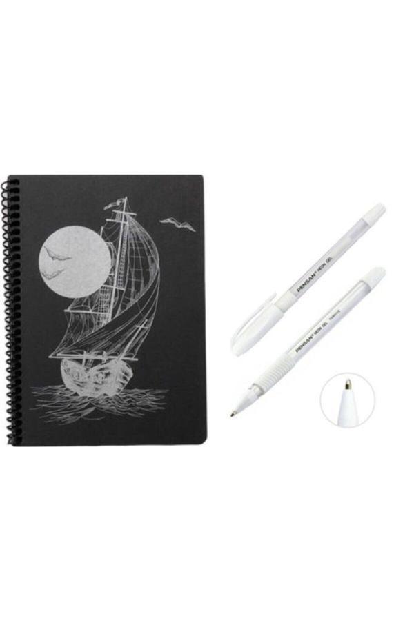 Mekafix Desenli Siyah Defter Siyah Yapraklı Defter - Siyah Sayfalı Defter Beyaz Jel Kalem Siyah - Image 1