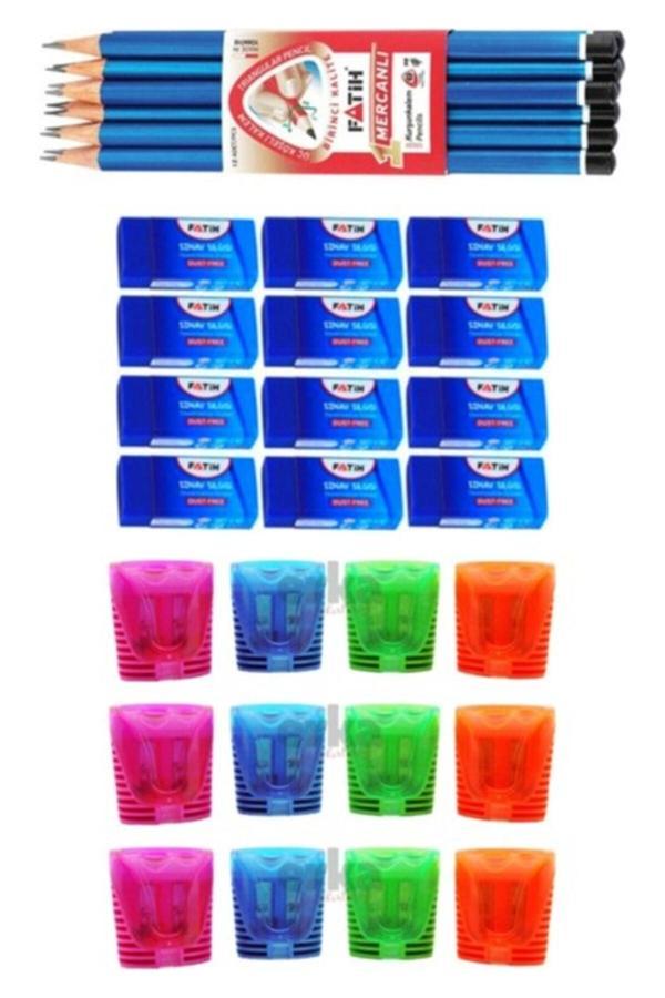 Fatih Kurşun Kalem Mercanlı 12 Adet + Sınav Silgisi 12 Adet + Kalemtraş Çift Hazneli 12 Adet Yeni Ta - Image 1