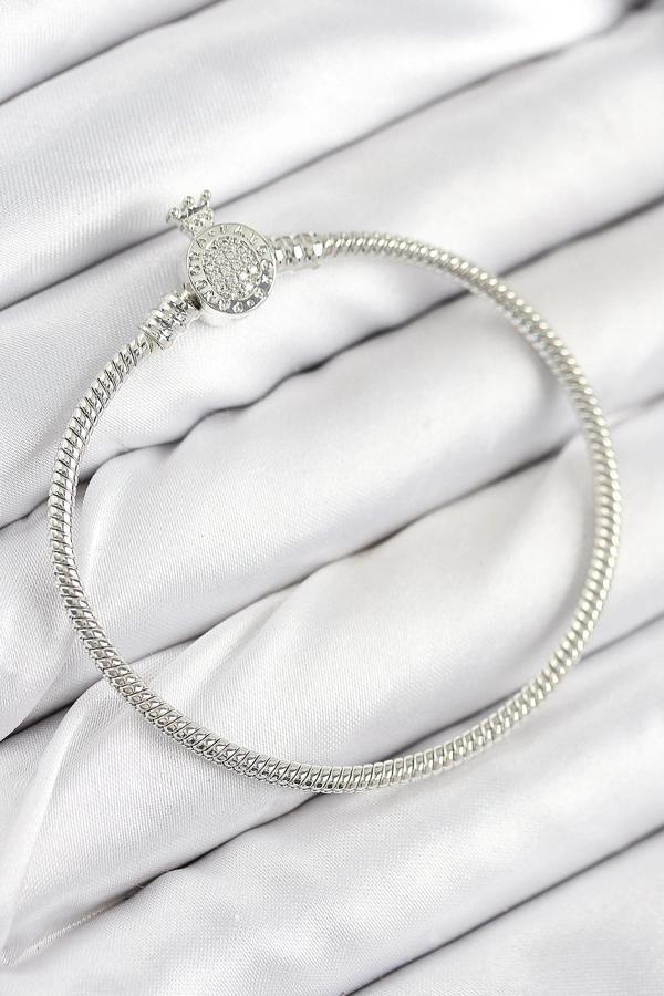 Pirinç Charm Zirkon Taşlı Taç Model Gümüş Renk Kadın Bileklik - Image 1