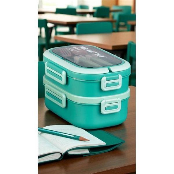 Akayev 1650ml İki Katlı 4 Bölmeli Çelik Yemek Kabı Yeşil - Image 1