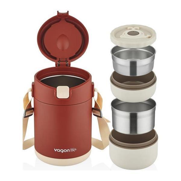 Vagonlife Bento 1800ml 2 Kaseli 4-6 Saat Termos Özellikli Çelik Yemek Kutusu - Kırmızı - Image 1