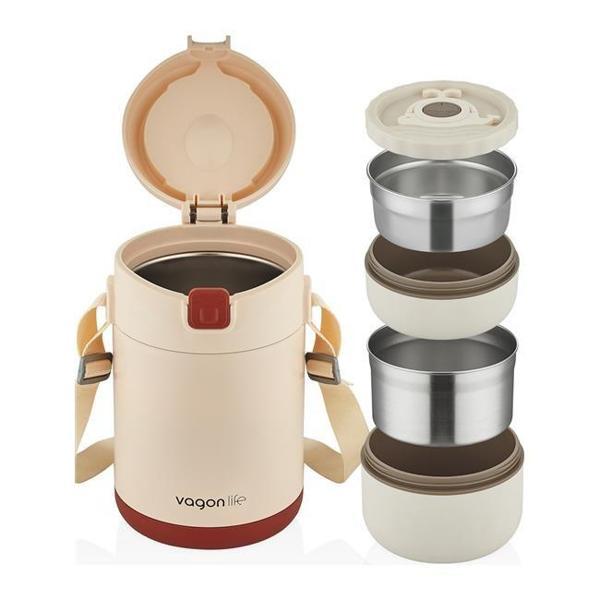 Vagonlife Bento 1800ml 2 Kaseli 4-6 Saat Termos Özellikli Çelik Yemek Kutusu - Bej - Image 1