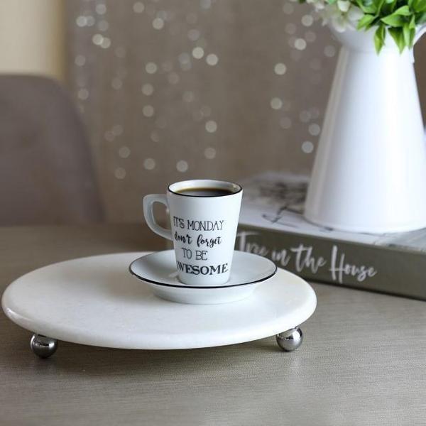 Akayev Mermer Beyaz 19 cm Gümüş Boncuk Ayaklı Kahve Sunumluk - Yağ ve Takı Standı - Image 1