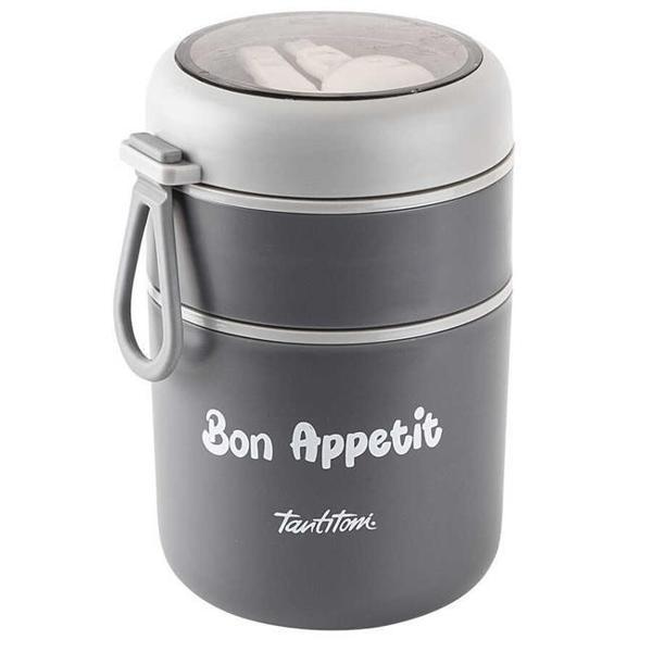Tantitoni 2 Katlı Füme-Gri Paslanmaz Çelik Plastik Kaşıklı Yemek Taşıma Kabı 710Ml - Image 1