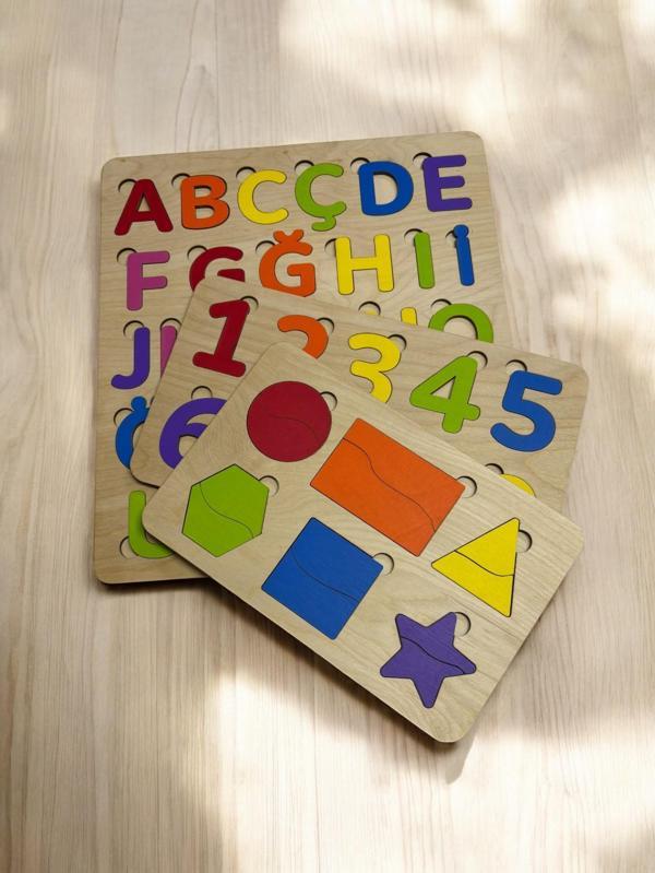 Gökkuşağı Puzzle Seti, Ahşap Bul-Tak Yapboz Set, Renkli Eğitici Bulmaca, Harf/Rakam/Şekil Öğrenimi - Image 1