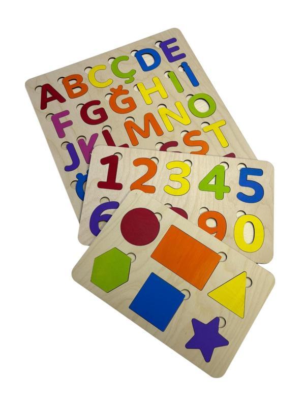 Gökkuşağı Puzzle Seti, Ahşap Bul-Tak Yapboz Set, Renkli Eğitici Bulmaca, Harf/Rakam/Şekil Öğrenimi - Image 1