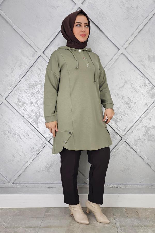 KADIN ÇIT ÇITLI KAPÜŞONLU TESETTÜR TUNİK - Image 1