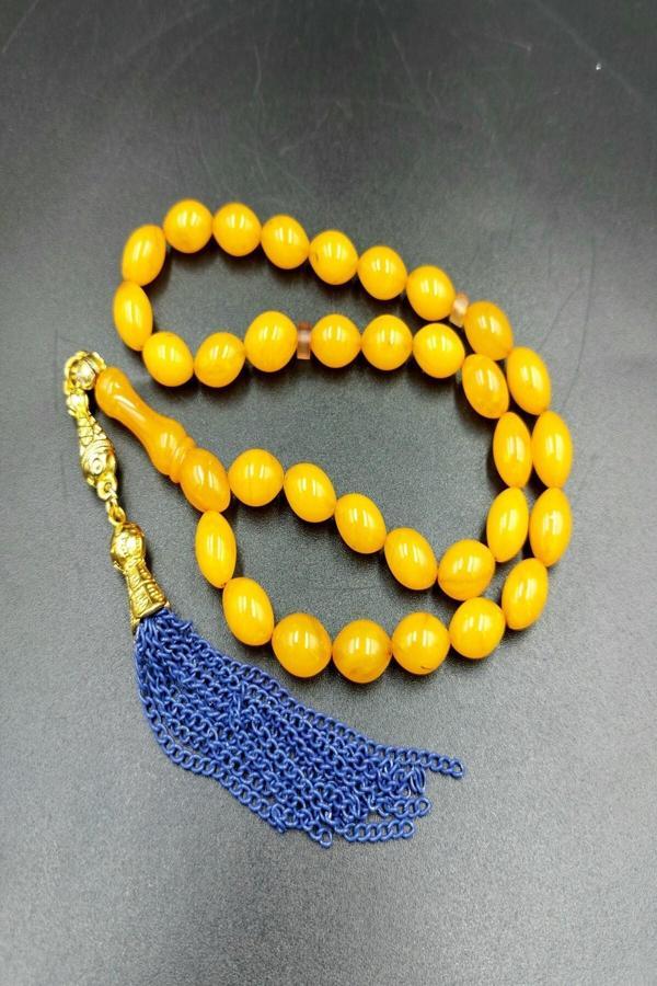 Arpa Kesim Sarı Alpaka Püsküllü Tespih (Ahşap Kutu) - Image 1