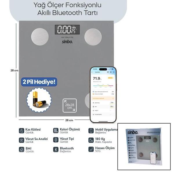 GRİ YAĞ ÖLÇER AKILLI BLUETOOTH CAM BASKÜL PİLLİ 180KG/50GR 28X28CM 8-KİŞİ HAFIZA LCD EKRAN ℃ GÖSTERG - Image 1