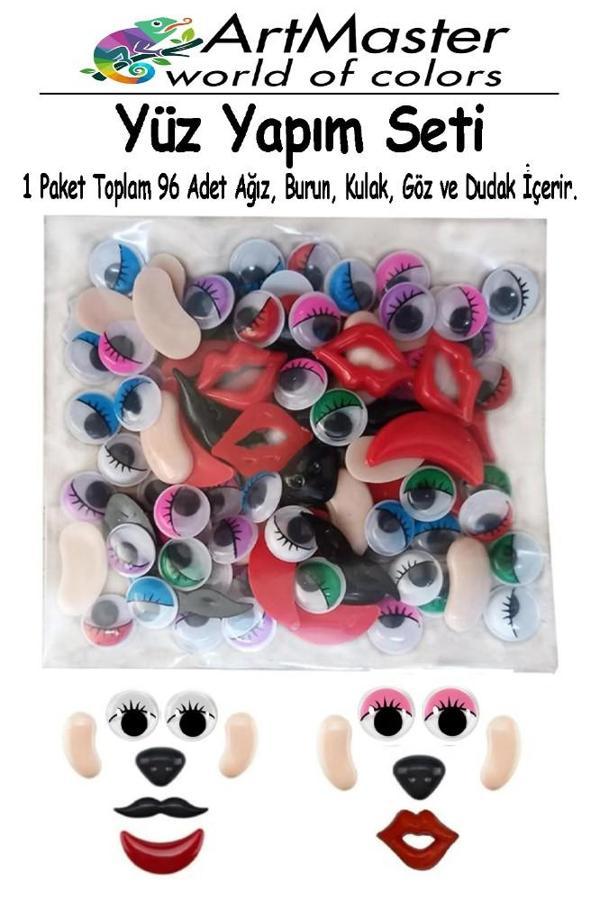 Yüz Yapım Seti Renkli Oynar Göz 12 mm 96 Lı 1 Paket Ağız Kulak Burun Bıyık Dudak Plastik Anasınıfı Etkinlik Hobi Tasarım - Image 1